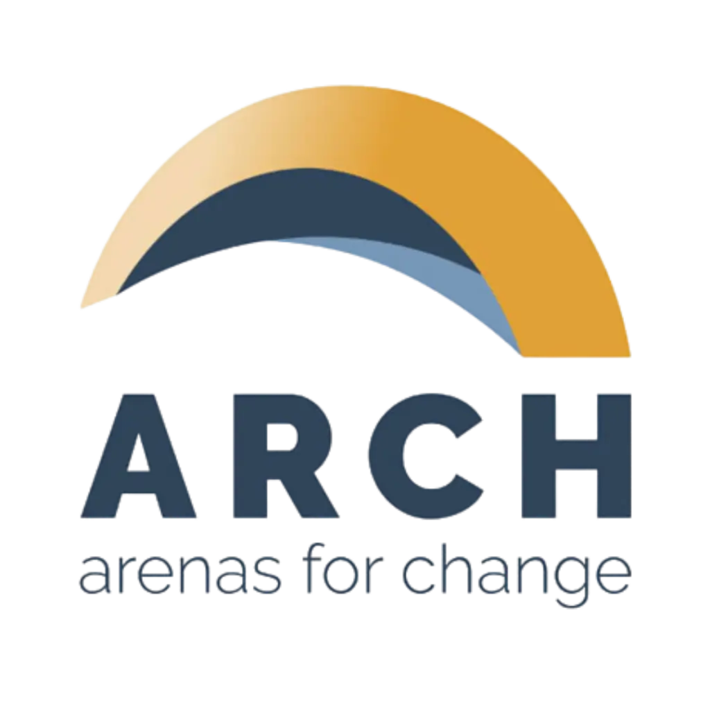 Logo with a gold and blue arch shape above the dark blue word ARCH. Below, in lowercase letters, it reads arenas for change. The design suggests a modern, professional organization or initiative.