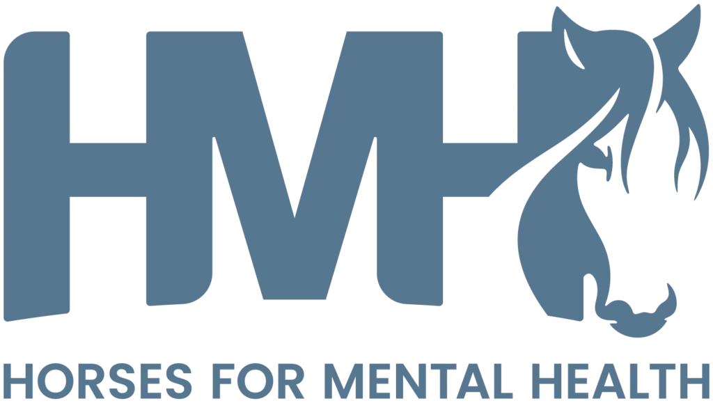 Blue logo with the letters HMH where the right side of the H forms the outline of a horses face. Below, the text reads HORSES FOR MENTAL HEALTH.
