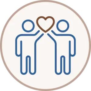 Two simple blue line figures face each other, each raising one arm to hold a brown heart together between them, inside a circular border.