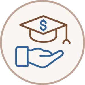 A blue outline of an open hand under a brown graduation cap with a dollar sign, all inside a circular border, representing financial support for education or scholarships.