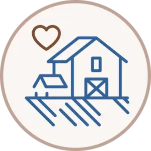 A simple line drawing of a barn on farmland with a heart shape above it, enclosed in a circular border, symbolizing love for farming or rural life.