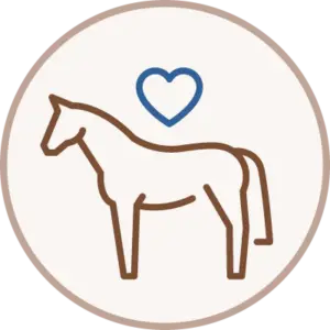 A simple line drawing of a horse with a blue heart above its back, enclosed within a circular border.