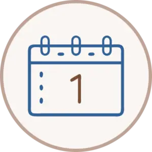 A simple line drawing of a calendar page with the number 1 in the center, outlined in blue with a brown circle border.