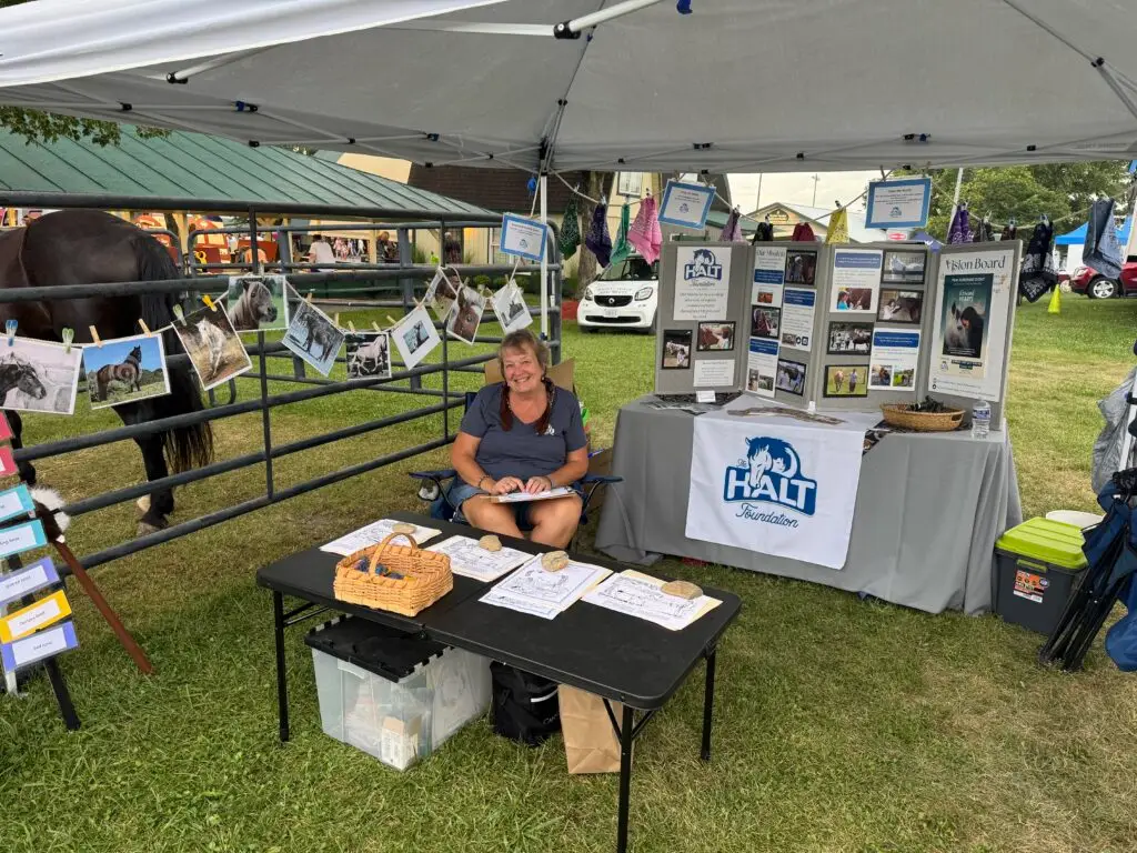 A woman sits smiling at a table under a canopy at an outdoor event. Behind her is a display for the HALT Foundation, with brochures, photos of horses, and informational posters. A horse stands in a pen nearby.
