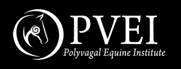 Logo for the Polyvagal Equine Institute. It features a stylized horse head with a spiral design inside a circle, followed by the large initials PVEI and the institute’s full name beneath. The design is white on a black background.