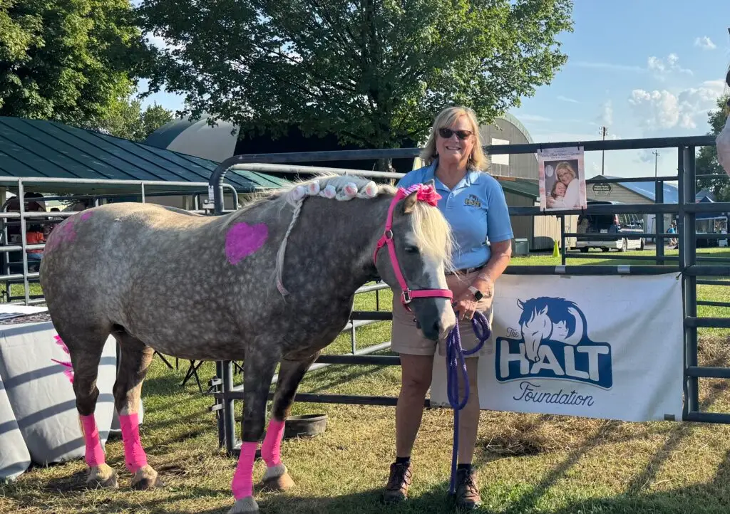 A woman in a blue shirt stands next to a speckled gray horse with pink decorations, including leg wraps and a heart on its side, beside a HALT Foundation sign at an outdoor event.