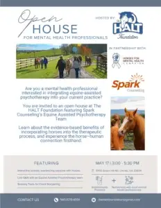 Flyer for an Open House for mental health professionals, hosted by HALT Foundation, with event details, logos, a horse image, and highlights like a Q&A, sensory tools, and experiencing equine-assisted psychotherapy.