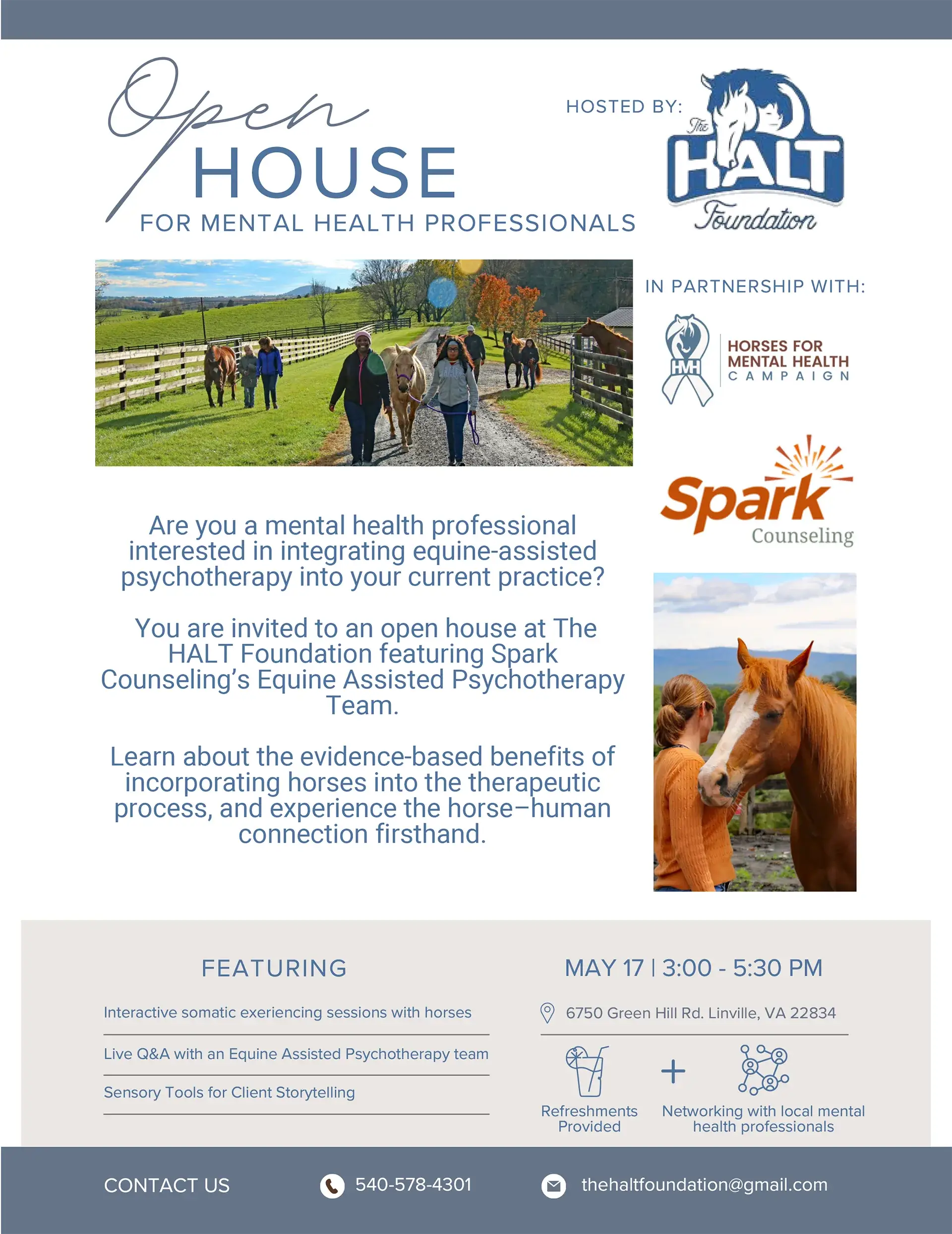 Flyer for an Open House for mental health professionals, hosted by HALT Foundation, with event details, logos, a horse image, and highlights like a Q&A, sensory tools, and experiencing equine-assisted psychotherapy.