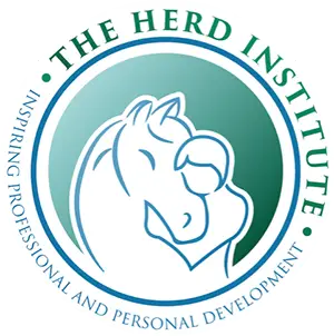 Logo of The Herd Institute featuring a stylized outline of a horses head in blue within a green circle, surrounded by the text THE HERD INSTITUTE and Inspiring Professional and Personal Development.