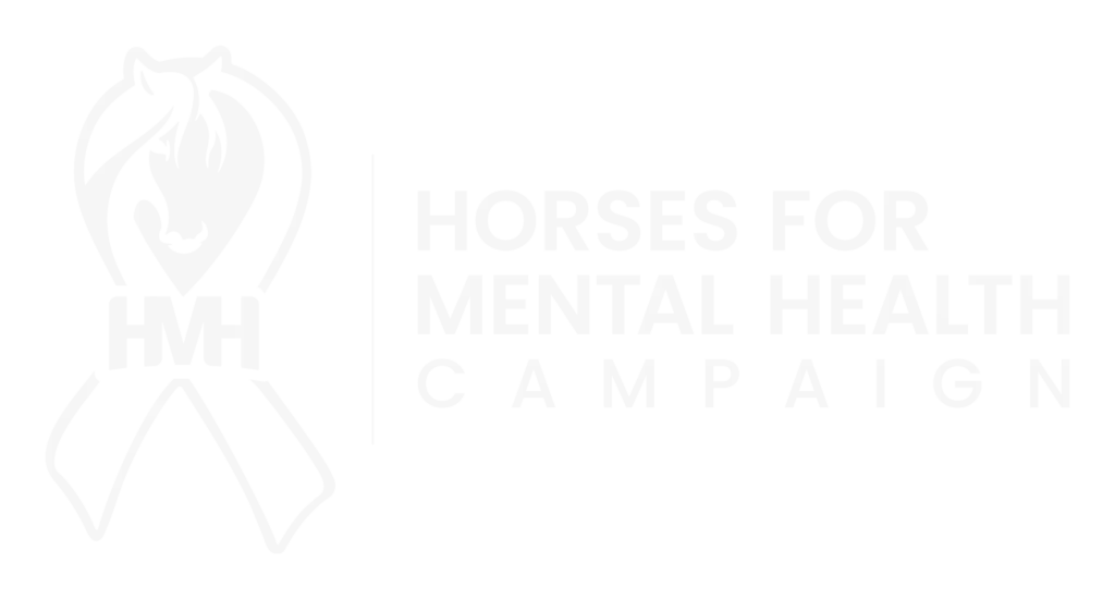 White logo featuring a horse’s head within a ribbon shape, next to the words Horses for Mental Health Campaign and the initials HMH below the ribbon.